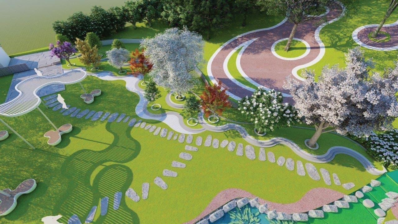 Landscape design render with winding paths and trees