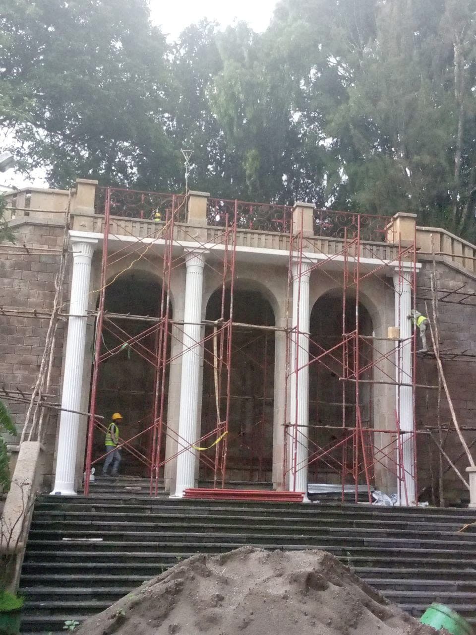 Renovation of a classical colonnade under scaffolding